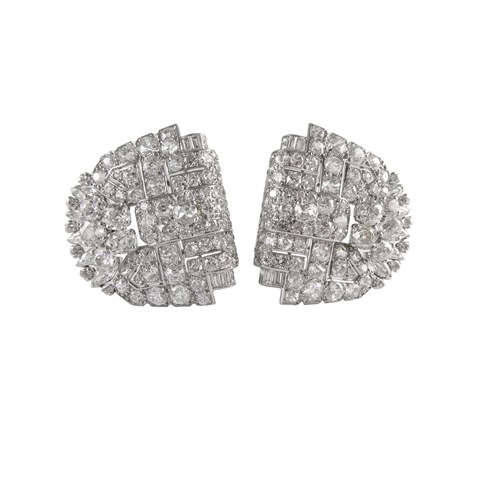 Pair of Art Deco diamond cluster half-moon clip brooches by Cartier, London,